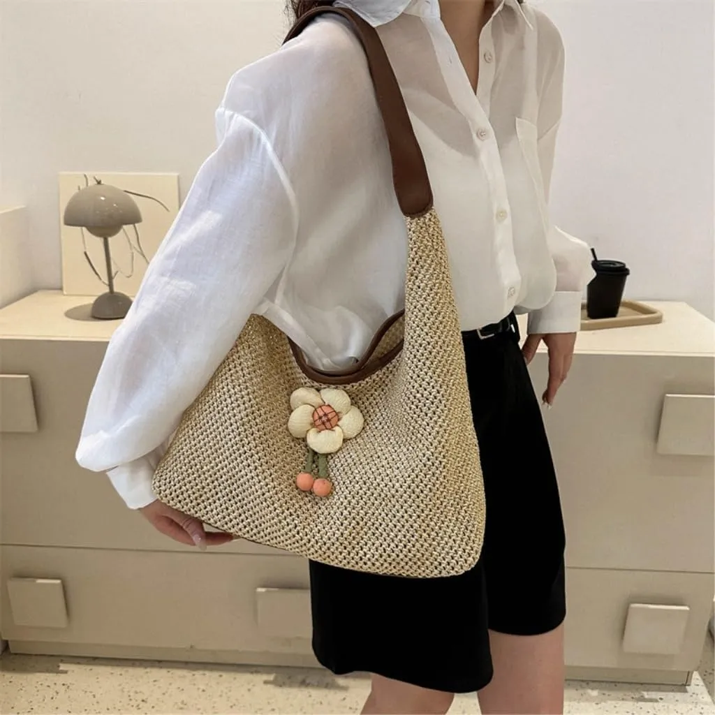 Straw Bag Weaving Fashionable Gentle Flower Decoration Shoulder Bag Summer New Straw Tote Bag Straw Beach Bag