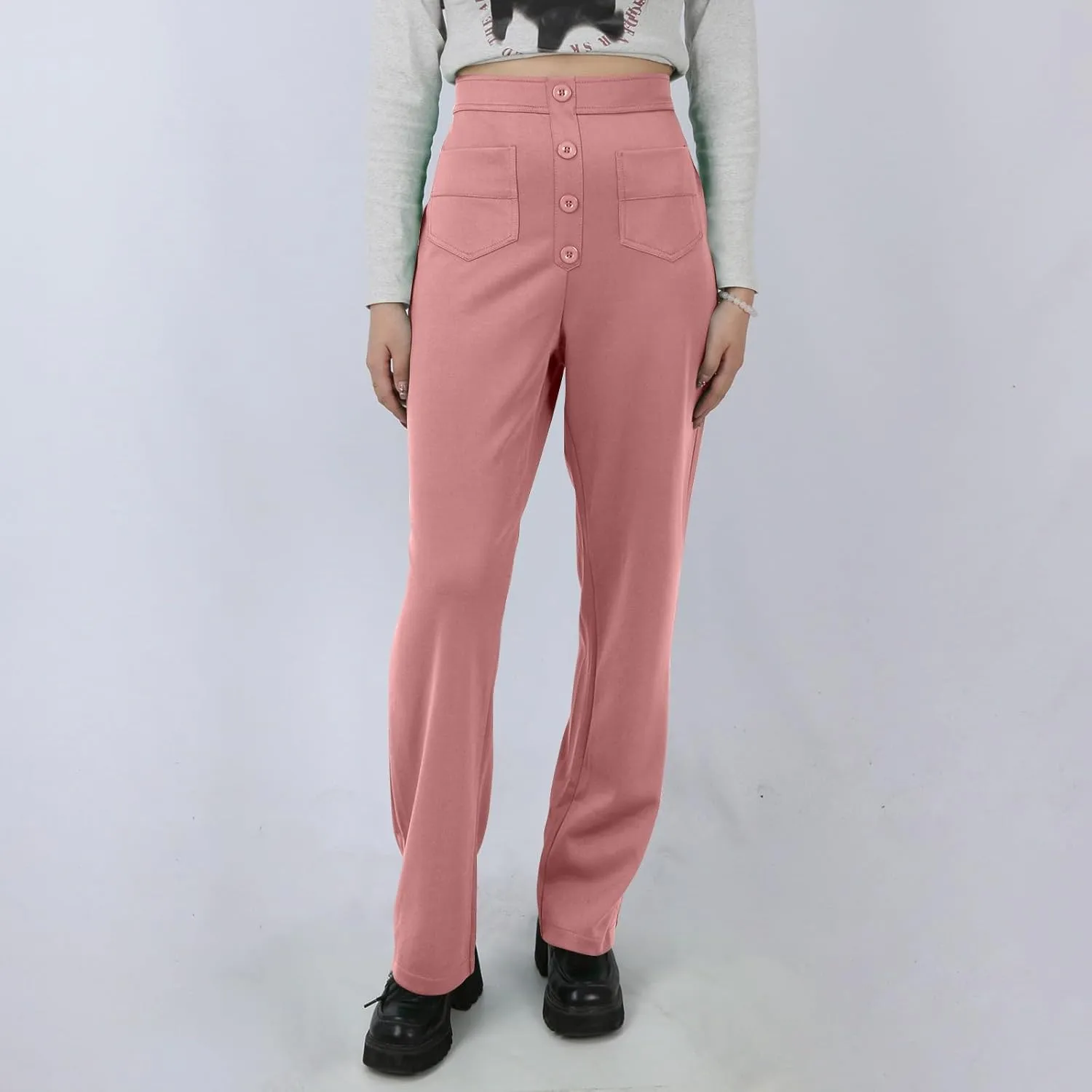 Stretchy Pants for Women Loose Straight Leg Casual Pants Elastic High Waisted Work Trousers Pull on Pants with Pockets