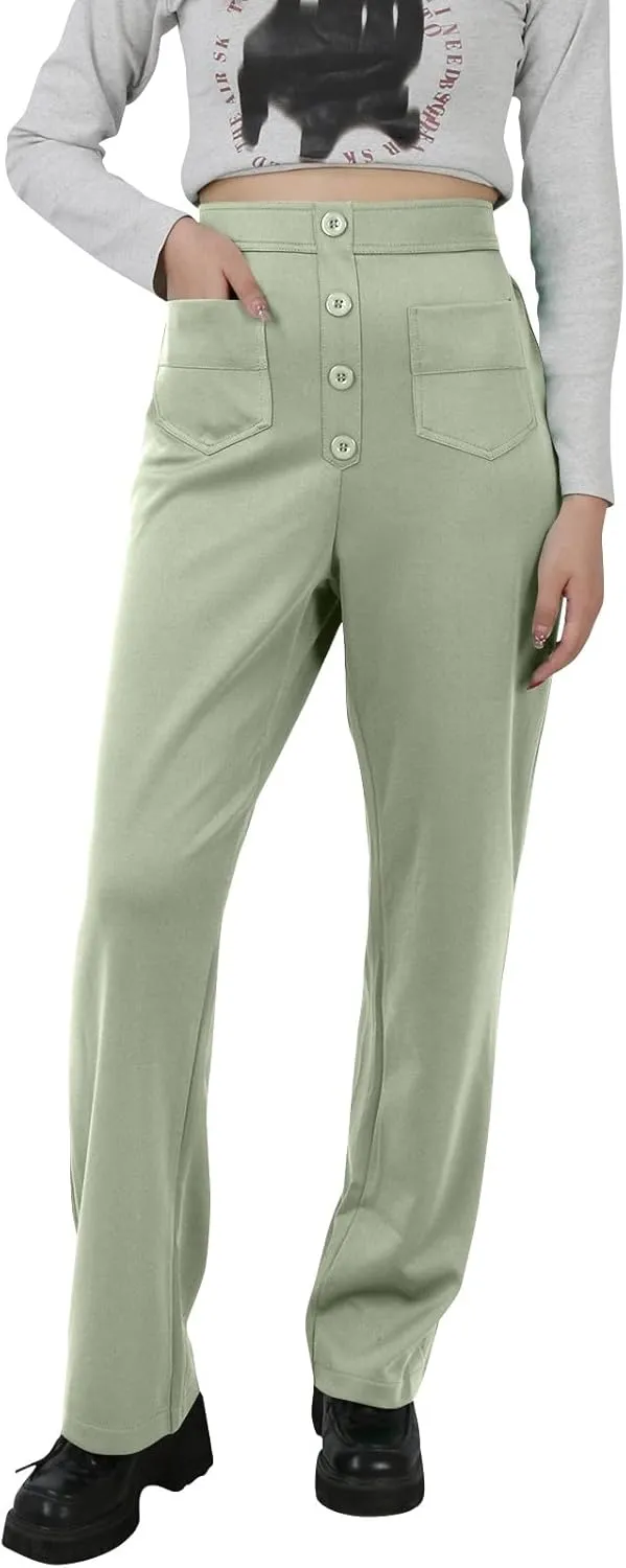 Stretchy Pants for Women Loose Straight Leg Casual Pants Elastic High Waisted Work Trousers Pull on Pants with Pockets