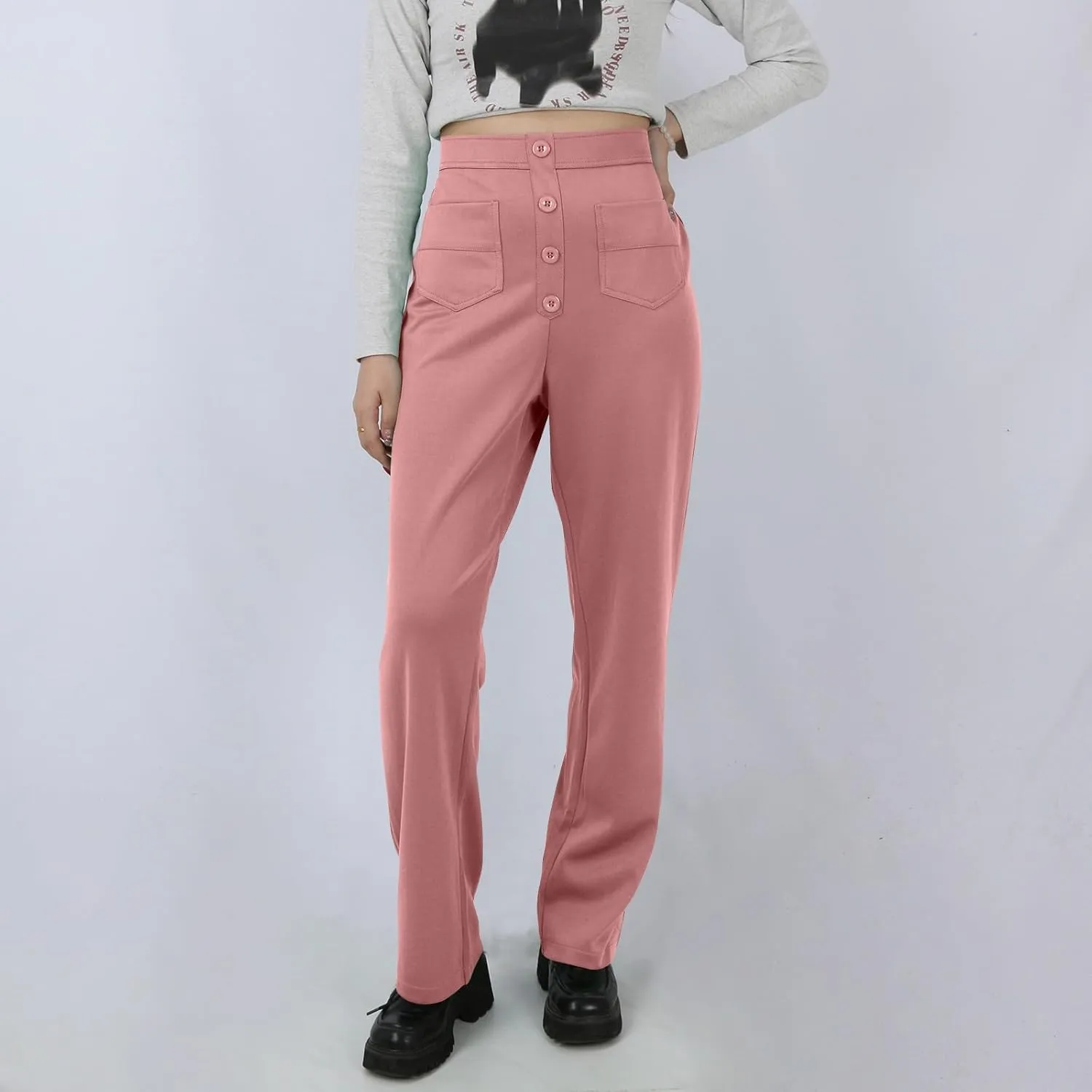 Stretchy Pants for Women Loose Straight Leg Casual Pants Elastic High Waisted Work Trousers Pull on Pants with Pockets