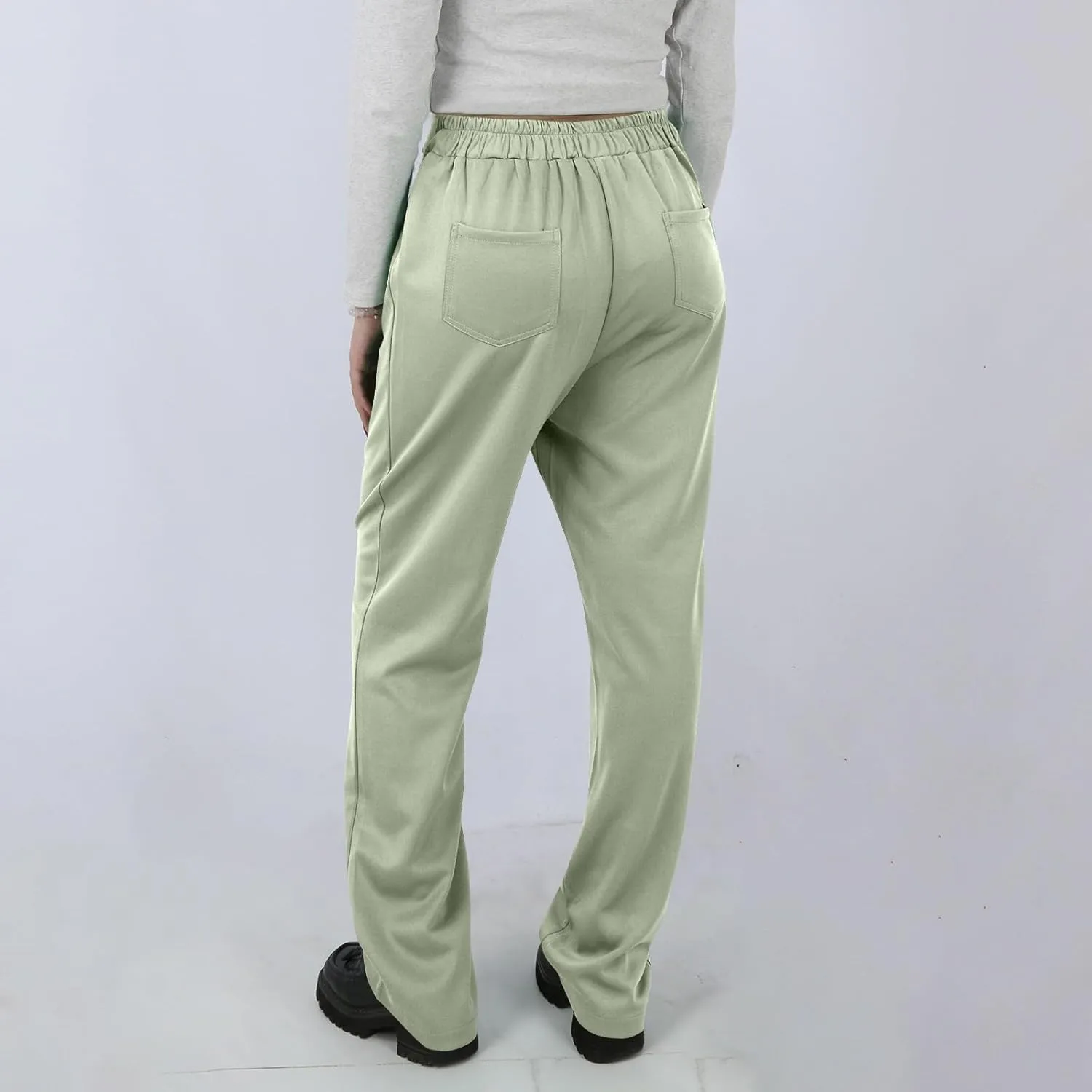 Stretchy Pants for Women Loose Straight Leg Casual Pants Elastic High Waisted Work Trousers Pull on Pants with Pockets