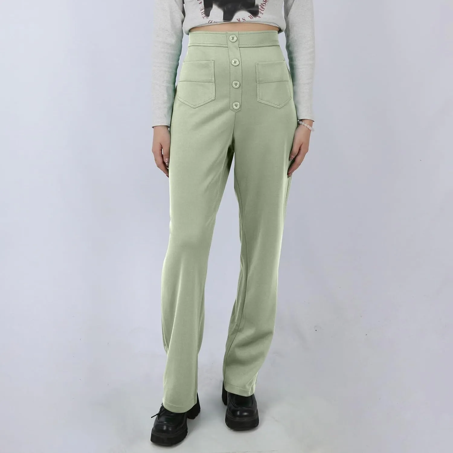 Stretchy Pants for Women Loose Straight Leg Casual Pants Elastic High Waisted Work Trousers Pull on Pants with Pockets