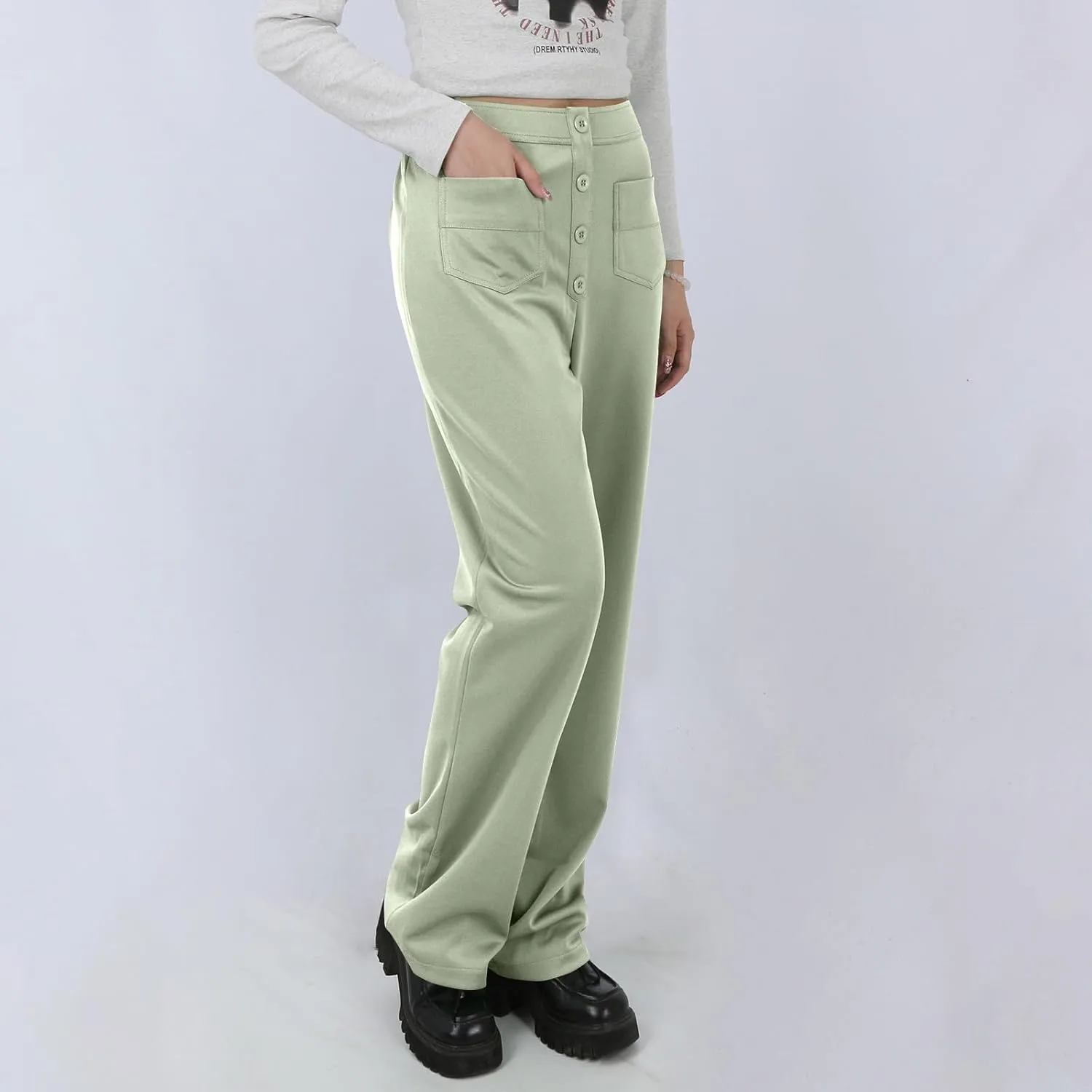 Stretchy Pants for Women Loose Straight Leg Casual Pants Elastic High Waisted Work Trousers Pull on Pants with Pockets