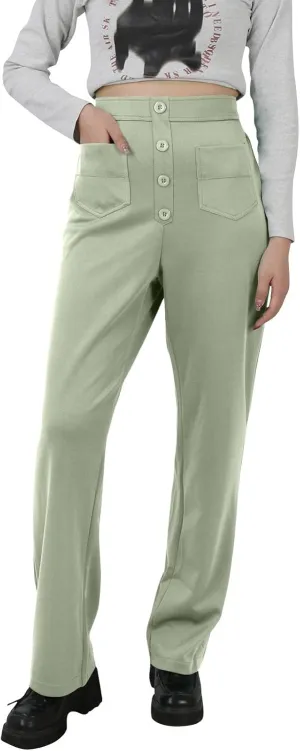 Stretchy Pants for Women Loose Straight Leg Casual Pants Elastic High Waisted Work Trousers Pull on Pants with Pockets