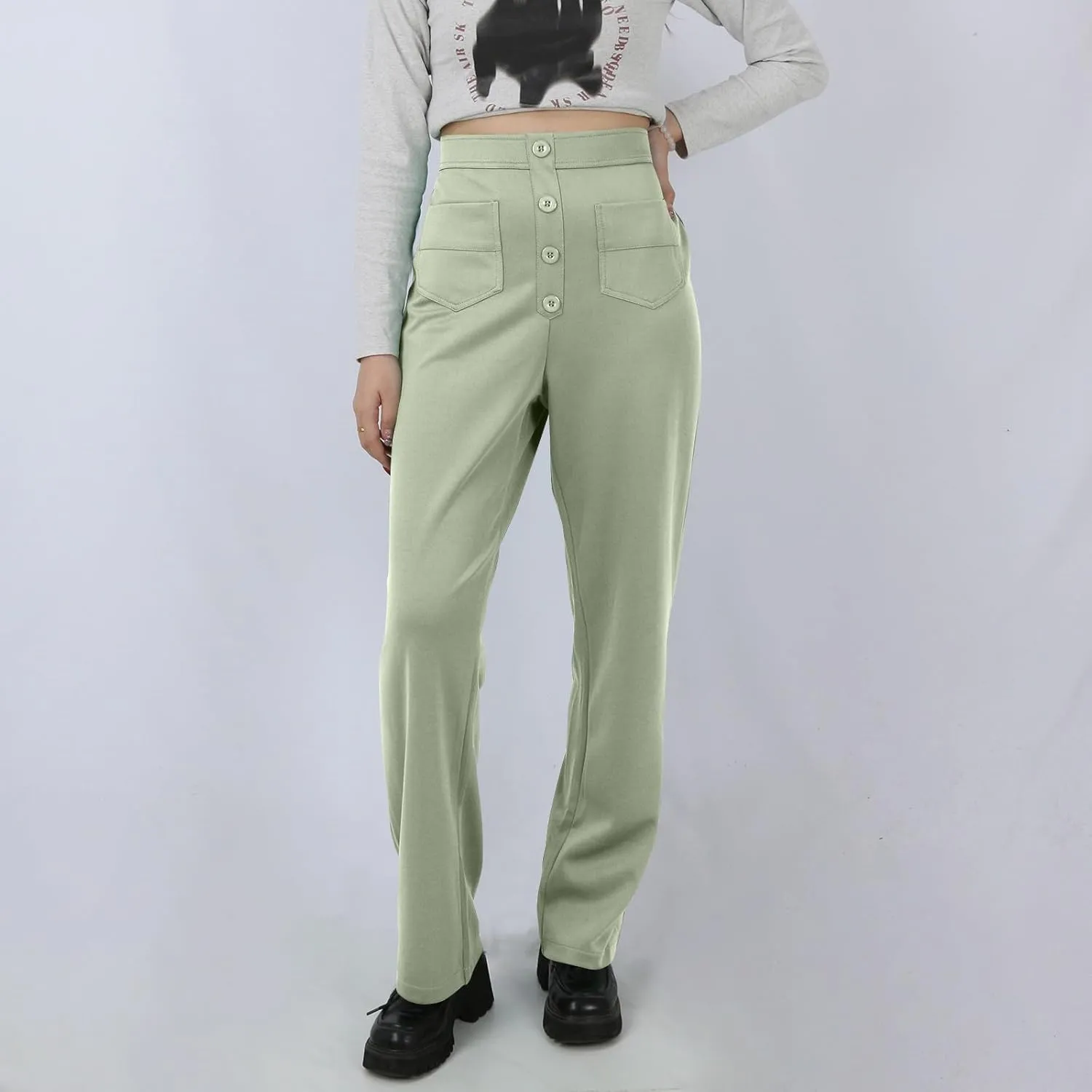 Stretchy Pants for Women Loose Straight Leg Casual Pants Elastic High Waisted Work Trousers Pull on Pants with Pockets