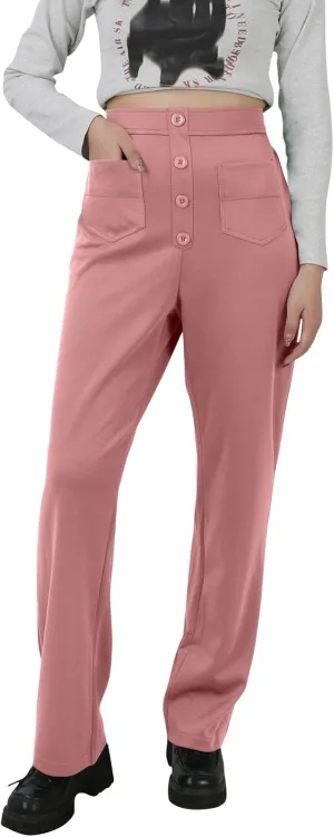 Stretchy Pants for Women Loose Straight Leg Casual Pants Elastic High Waisted Work Trousers Pull on Pants with Pockets