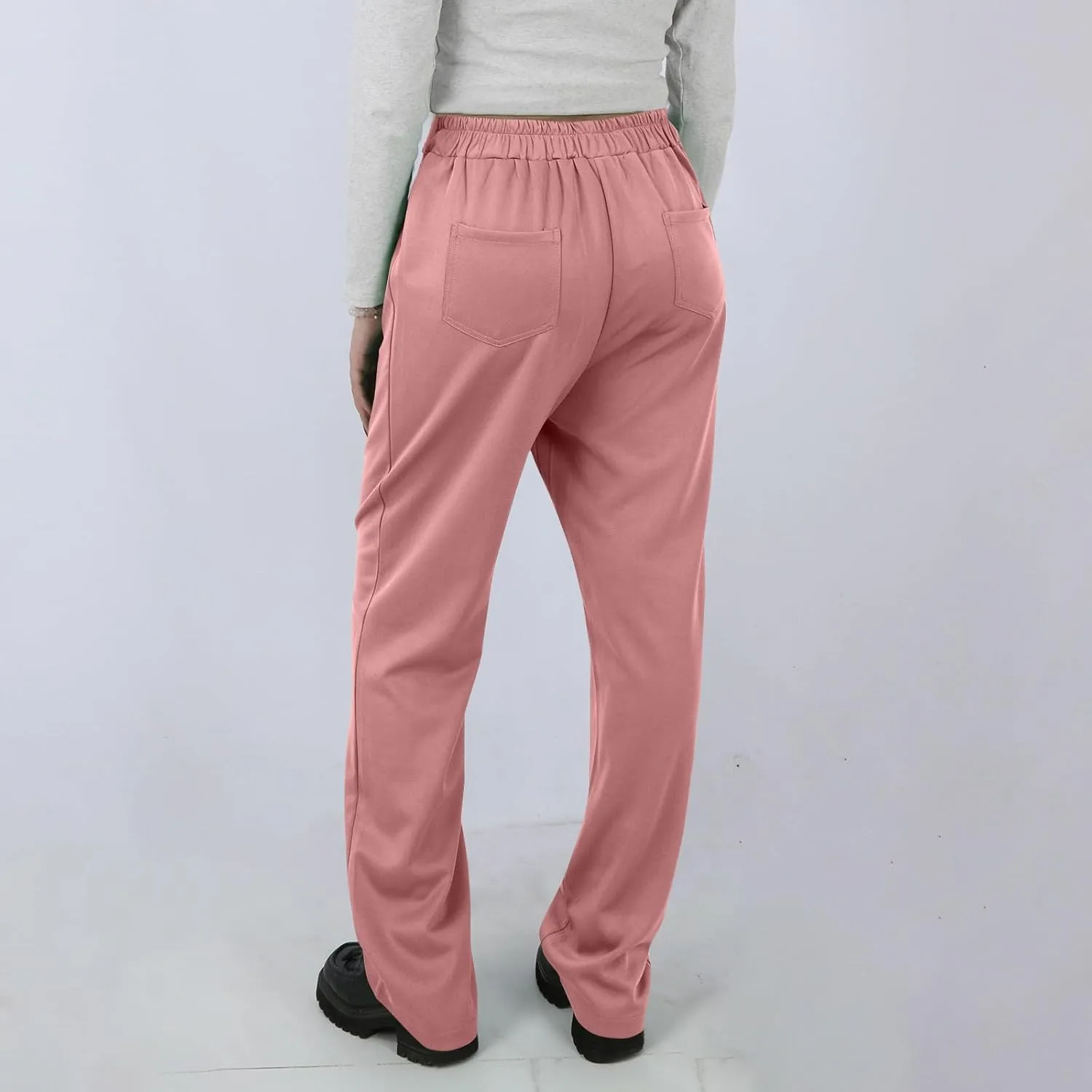 Stretchy Pants for Women Loose Straight Leg Casual Pants Elastic High Waisted Work Trousers Pull on Pants with Pockets
