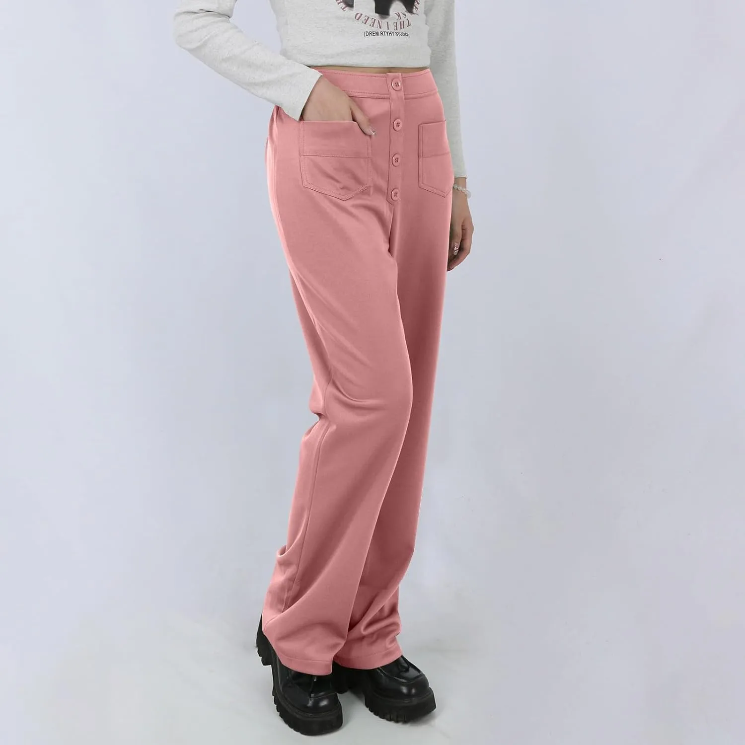 Stretchy Pants for Women Loose Straight Leg Casual Pants Elastic High Waisted Work Trousers Pull on Pants with Pockets
