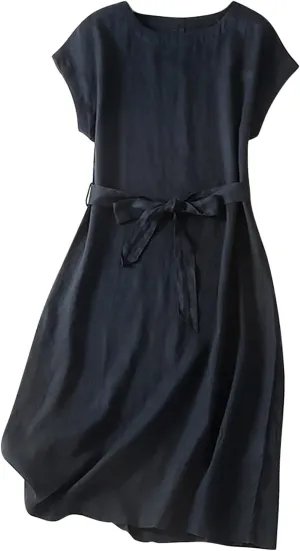 Summer Cap Sleeve Shirt Dress for Women Plain Boat Neck Flowy Belted Tunic Dresses Casual Office Beach Sundress 2024
