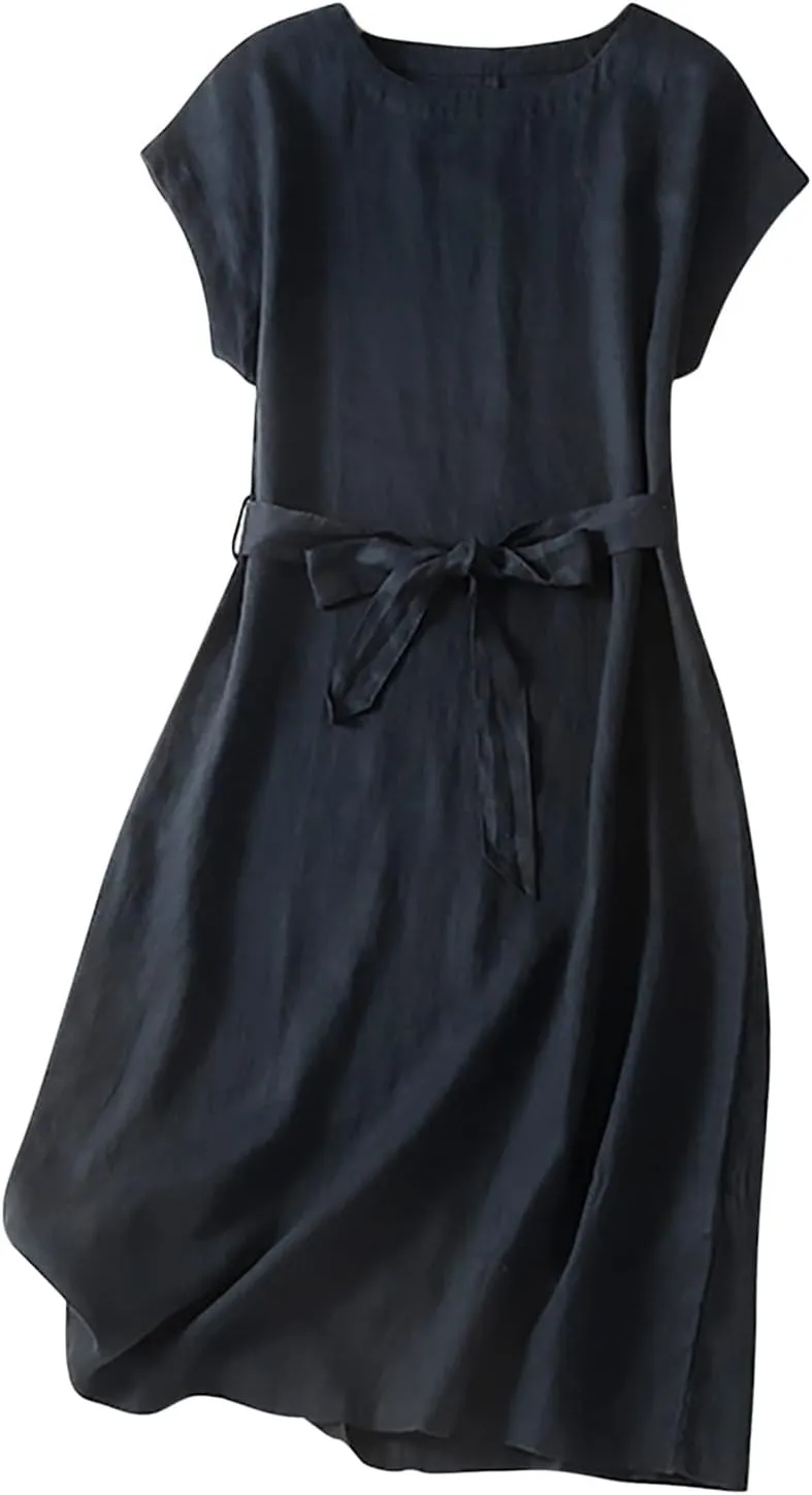 Summer Cap Sleeve Shirt Dress for Women Plain Boat Neck Flowy Belted Tunic Dresses Casual Office Beach Sundress 2024