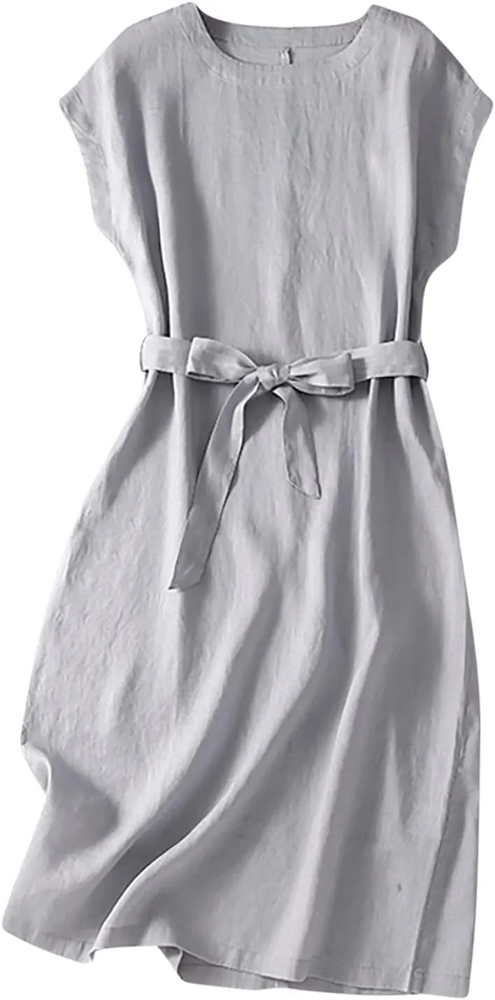Summer Cap Sleeve Shirt Dress for Women Plain Boat Neck Flowy Belted Tunic Dresses Casual Office Beach Sundress 2024