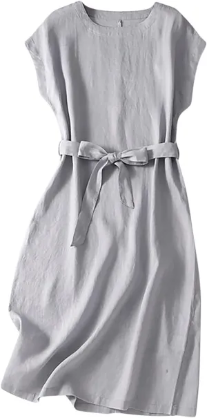Summer Cap Sleeve Shirt Dress for Women Plain Boat Neck Flowy Belted Tunic Dresses Casual Office Beach Sundress 2024