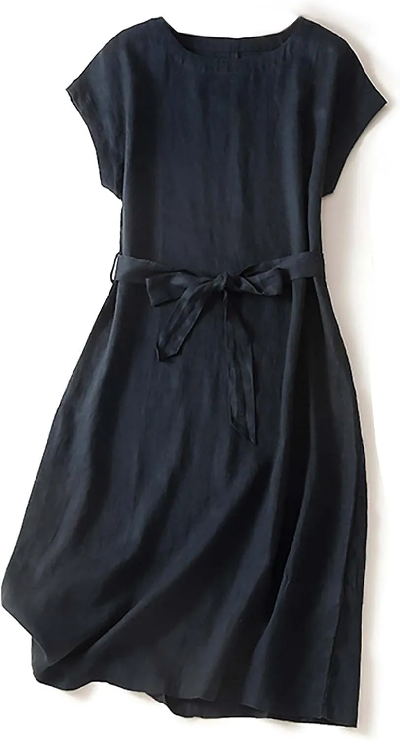 Summer Cap Sleeve Shirt Dress for Women Plain Boat Neck Flowy Belted Tunic Dresses Casual Office Beach Sundress 2024