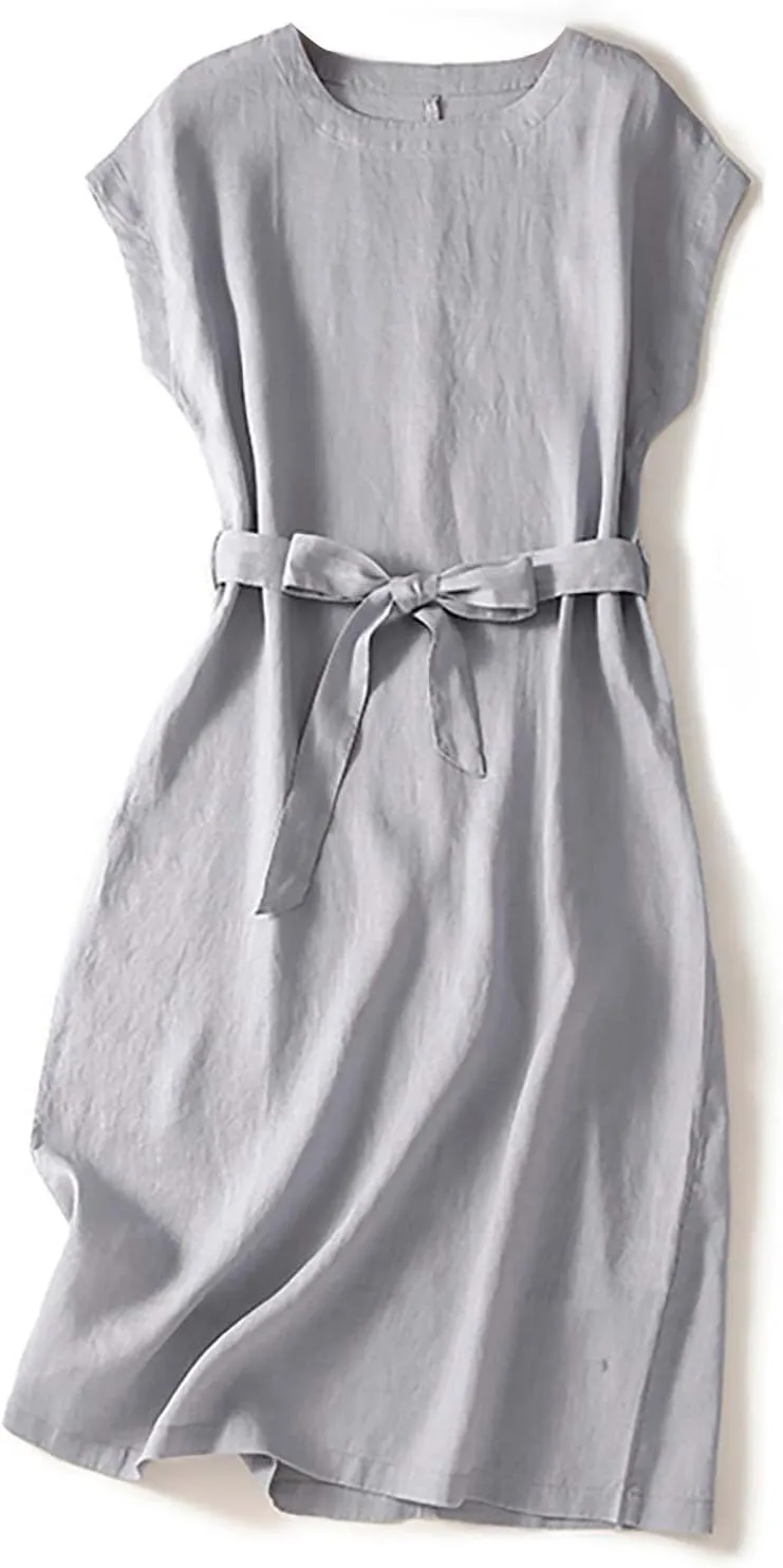 Summer Cap Sleeve Shirt Dress for Women Plain Boat Neck Flowy Belted Tunic Dresses Casual Office Beach Sundress 2024