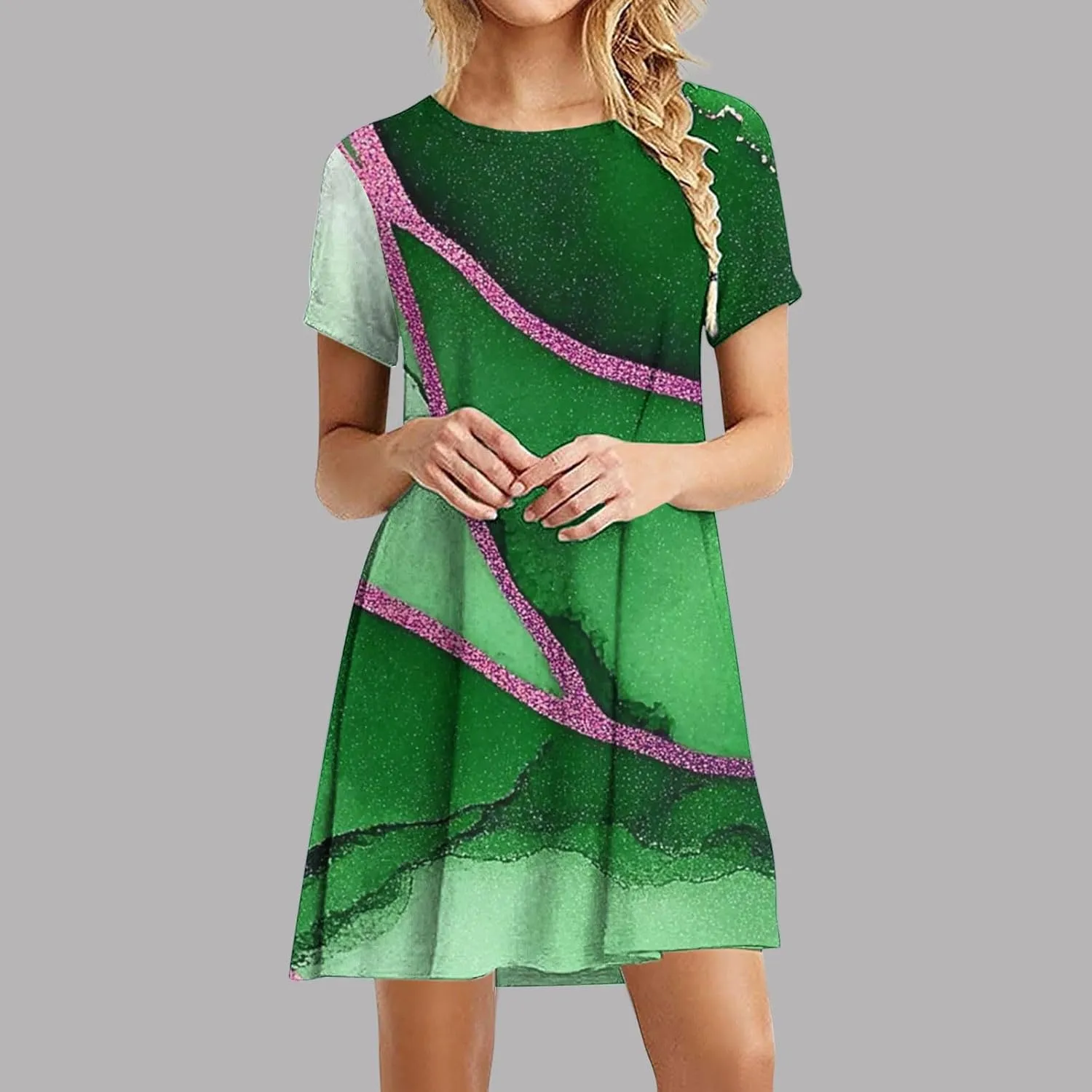Summer Dress with Sleeves Women Printed Mini Dress Knee Length Flowy Beach Dresses Spring Dresses for Women