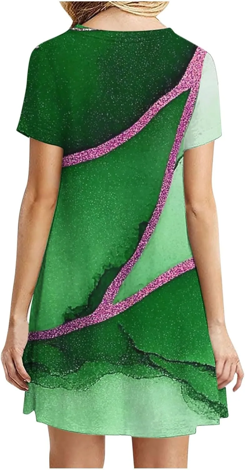 Summer Dress with Sleeves Women Printed Mini Dress Knee Length Flowy Beach Dresses Spring Dresses for Women