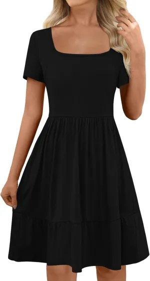 Summer Dresses for Women 2025 Casual Short Sleeve A-Line Sundresses Square Neck Tiered Shirts Dress with Pockets