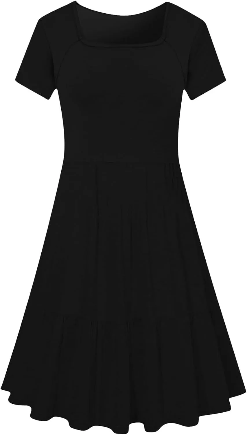 Summer Dresses for Women 2025 Casual Short Sleeve A-Line Sundresses Square Neck Tiered Shirts Dress with Pockets