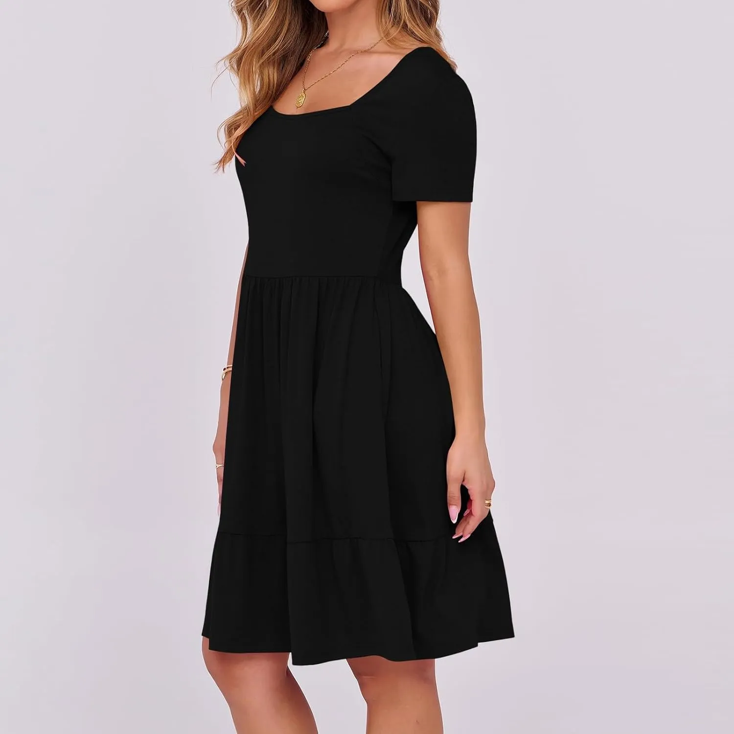 Summer Dresses for Women 2025 Casual Short Sleeve A-Line Sundresses Square Neck Tiered Shirts Dress with Pockets