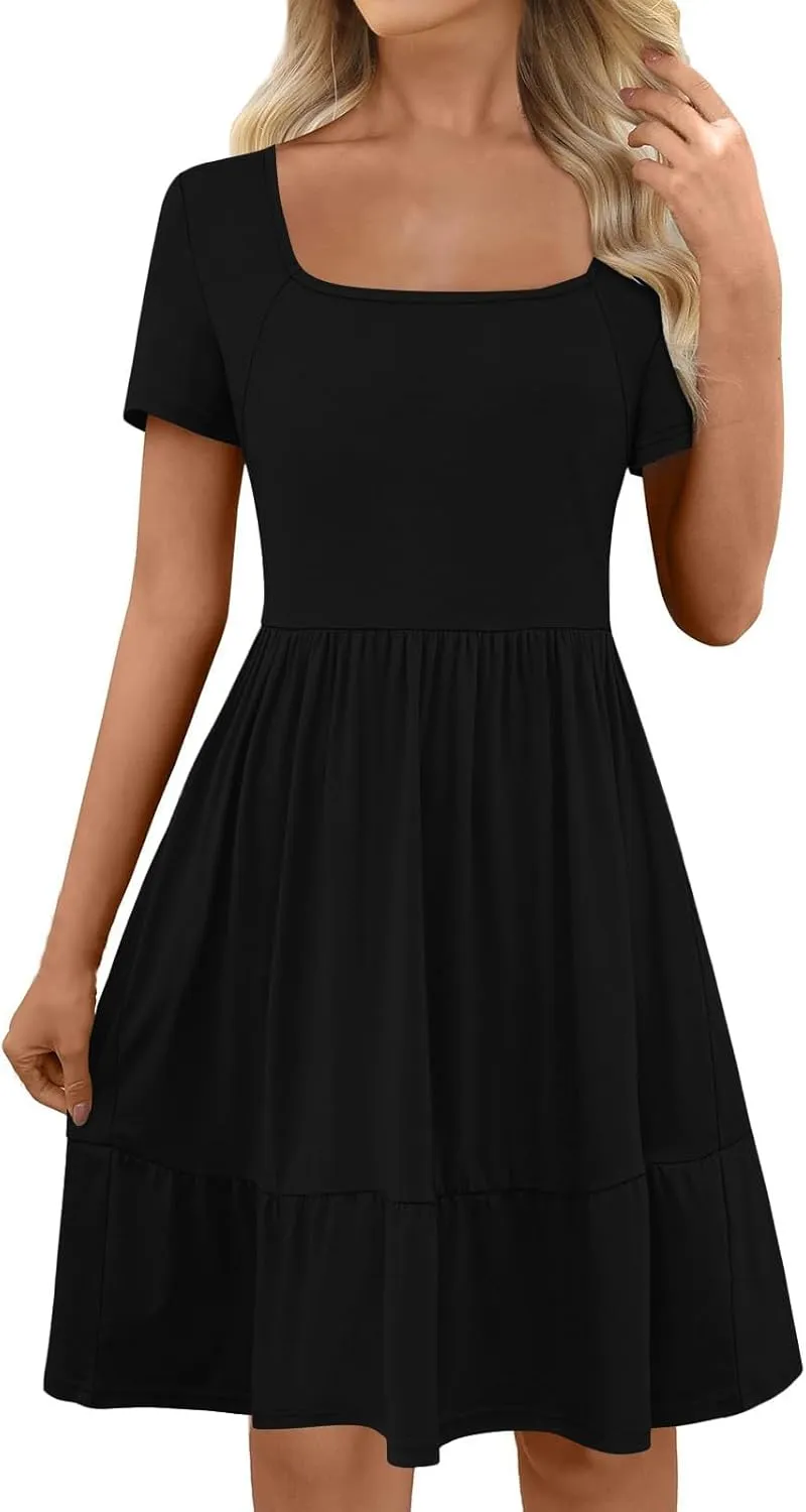 Summer Dresses for Women 2025 Casual Short Sleeve A-Line Sundresses Square Neck Tiered Shirts Dress with Pockets