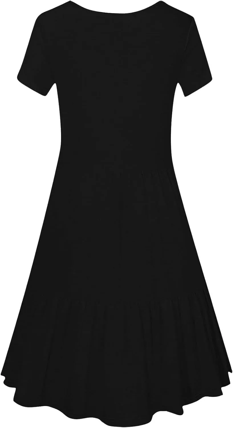 Summer Dresses for Women 2025 Casual Short Sleeve A-Line Sundresses Square Neck Tiered Shirts Dress with Pockets