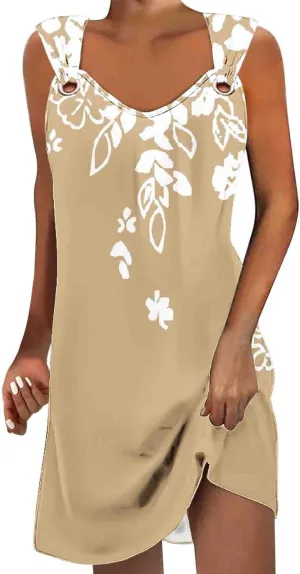 Summer Dresses for Women Sun Dresses for Women 2024 Casual Floral Print Mini Dress Metal Button V Neck Tank Dress