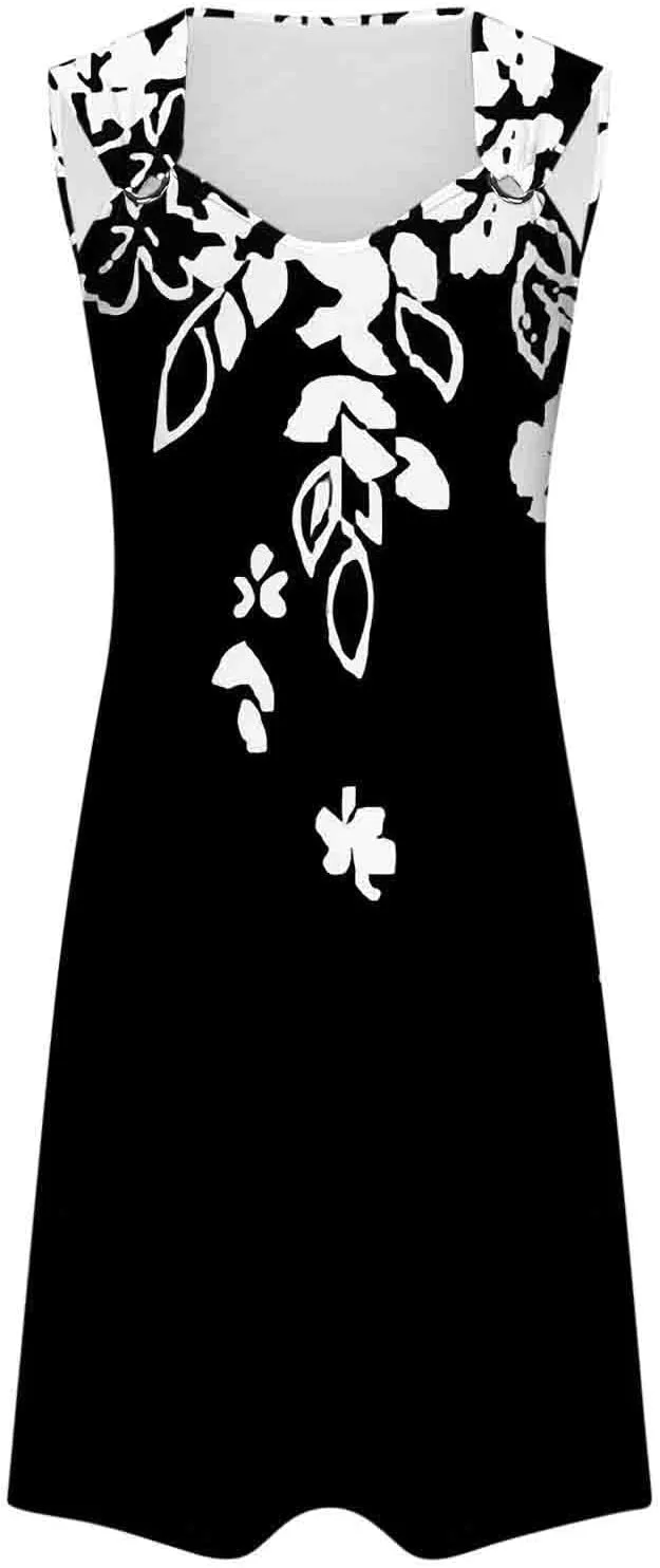 Summer Dresses for Women Sun Dresses for Women 2024 Casual Floral Print Mini Dress Metal Button V Neck Tank Dress