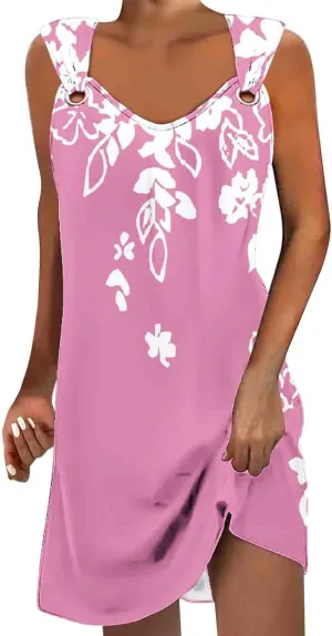 Summer Dresses for Women Sun Dresses for Women 2024 Casual Floral Print Mini Dress Metal Button V Neck Tank Dress