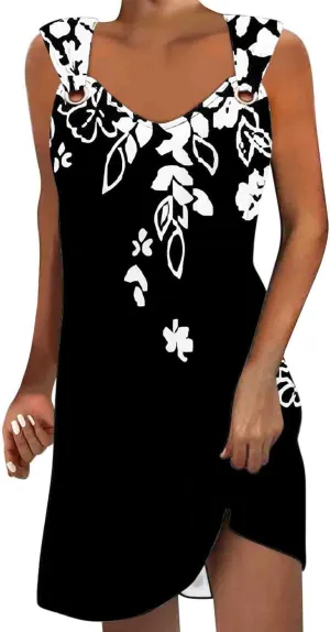 Summer Dresses for Women Sun Dresses for Women 2024 Casual Floral Print Mini Dress Metal Button V Neck Tank Dress