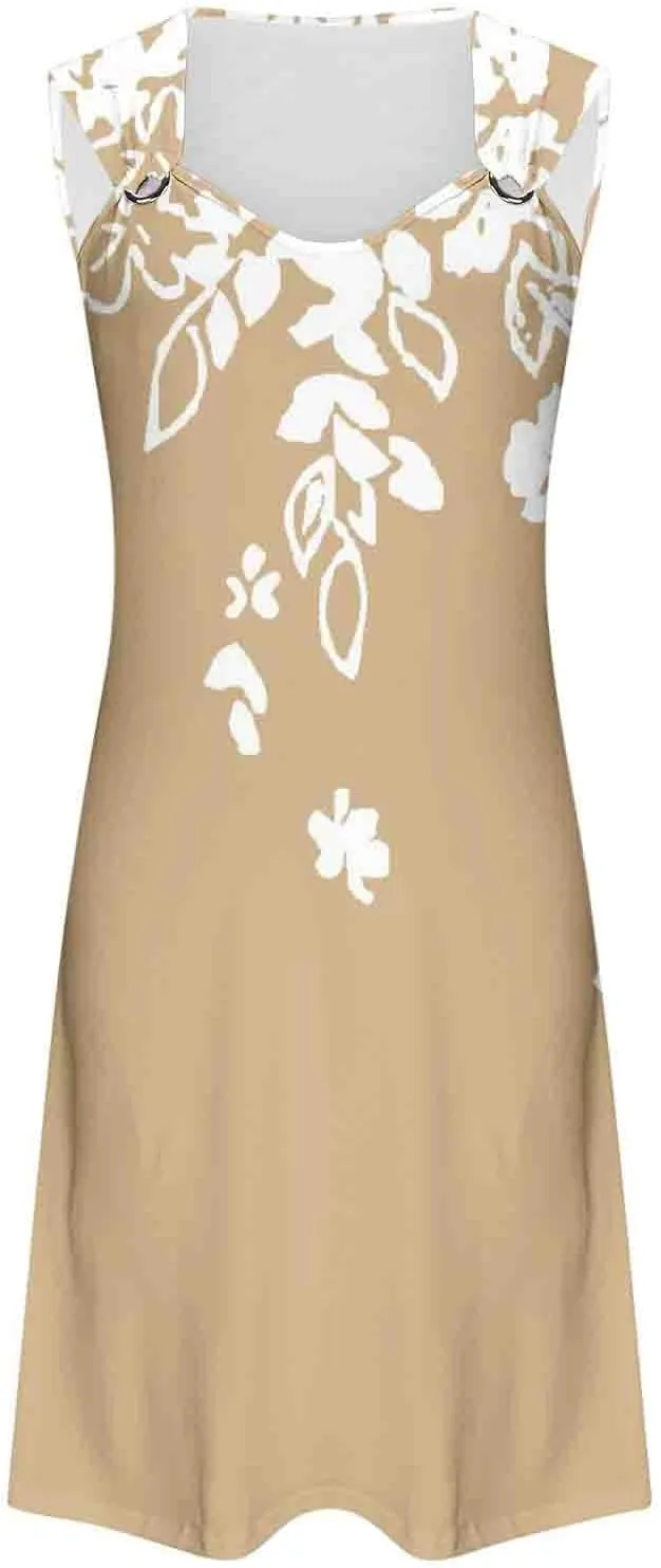 Summer Dresses for Women Sun Dresses for Women 2024 Casual Floral Print Mini Dress Metal Button V Neck Tank Dress