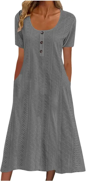 Summer Midi Dresses for Women Boho Short Sleeve Eyelet Cover Up Dress Casual Flowy Swing Beach Sundress with Pockets