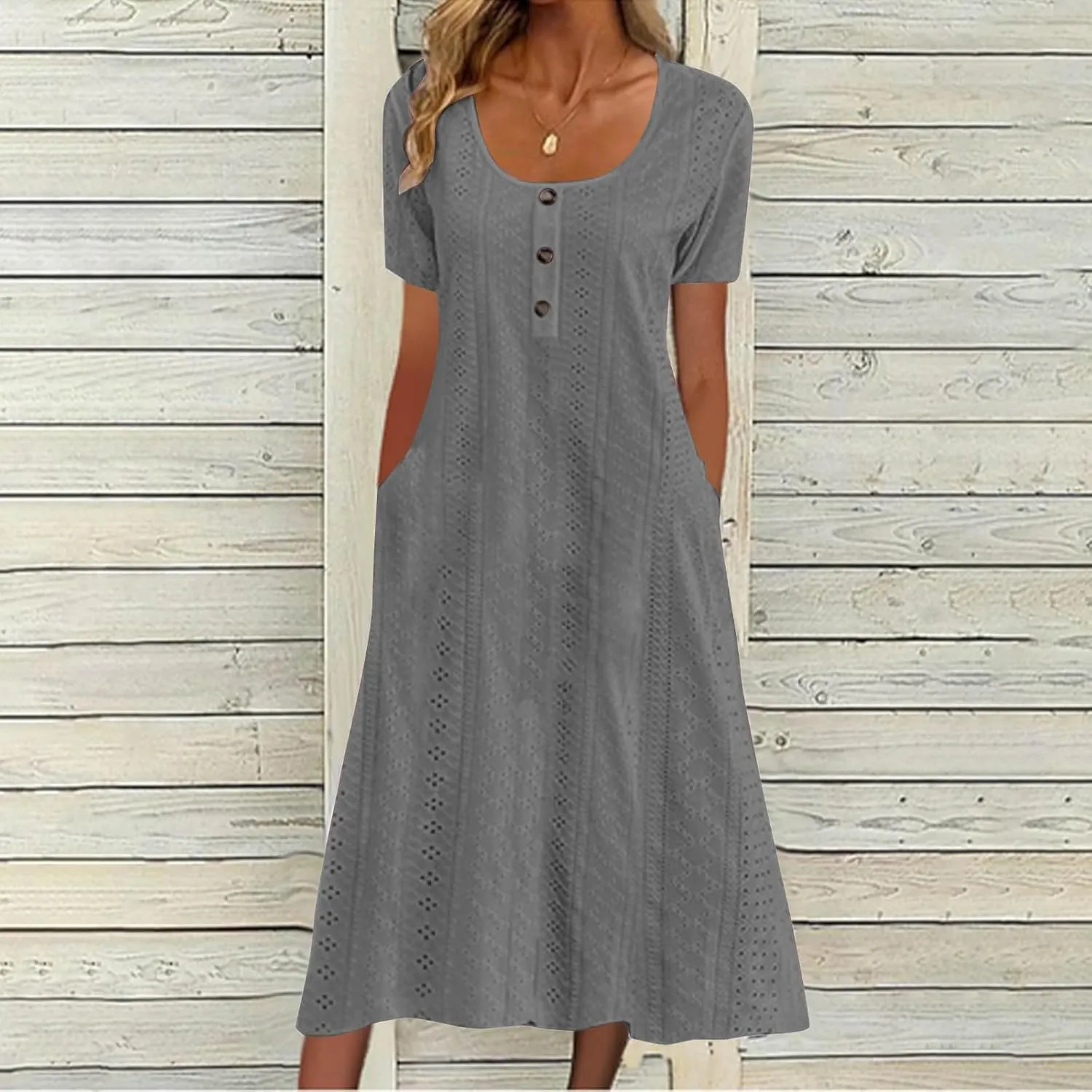 Summer Midi Dresses for Women Boho Short Sleeve Eyelet Cover Up Dress Casual Flowy Swing Beach Sundress with Pockets