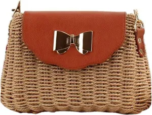 Summer Straw Purse PU Flap Bow Decoration Twist Lock Paper Rope Woven Bag Simple Beach Casual Shoulder Bag