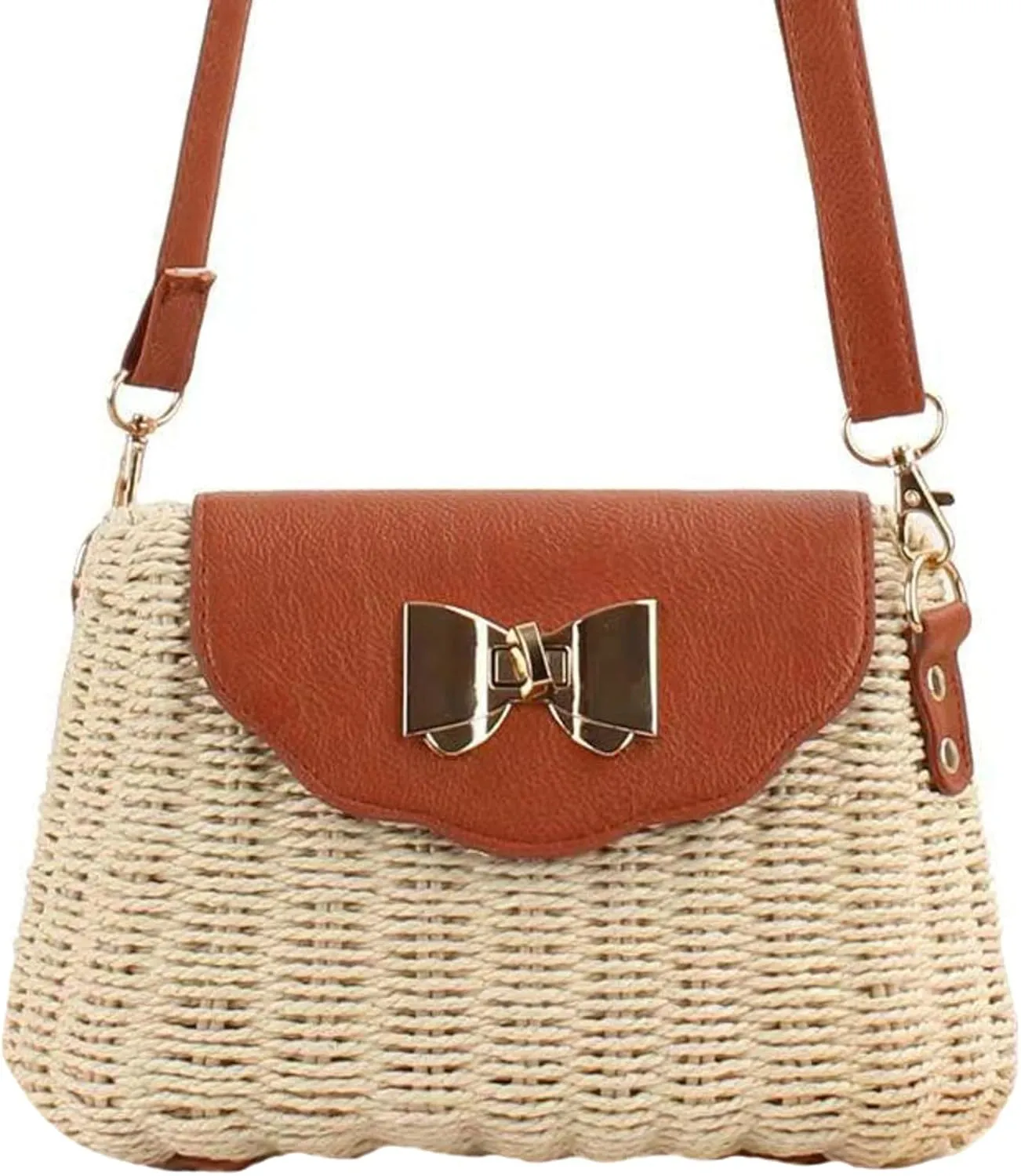 Summer Straw Purse PU Flap Bow Decoration Twist Lock Paper Rope Woven Bag Simple Beach Casual Shoulder Bag