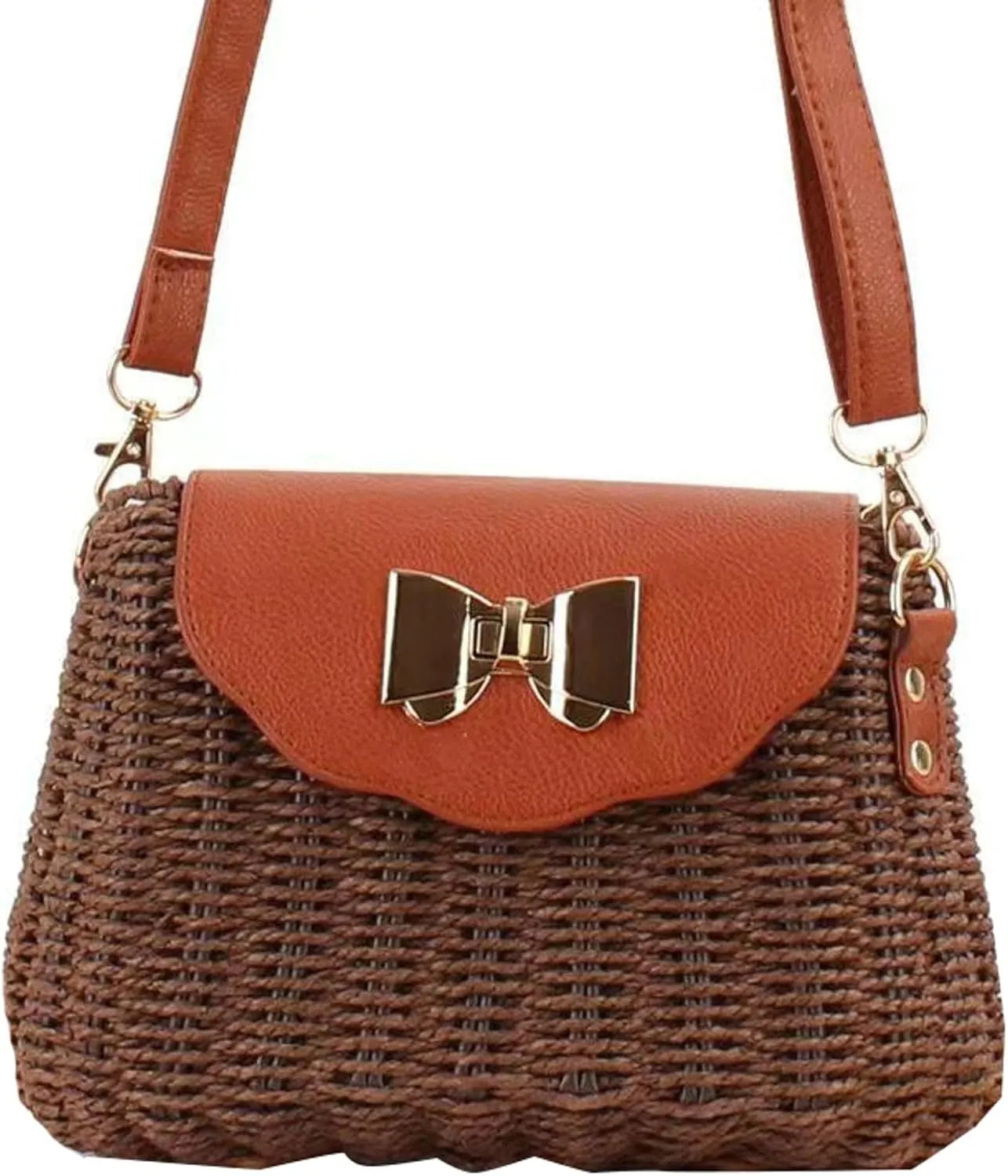 Summer Straw Purse PU Flap Bow Decoration Twist Lock Paper Rope Woven Bag Simple Beach Casual Shoulder Bag