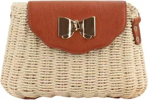 Summer Straw Purse PU Flap Bow Decoration Twist Lock Paper Rope Woven Bag Simple Beach Casual Shoulder Bag