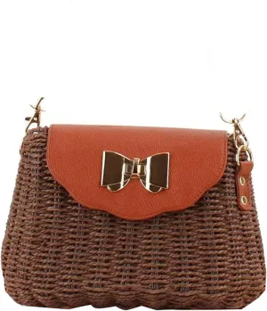 Summer Straw Purse PU Flap Bow Decoration Twist Lock Paper Rope Woven Bag Simple Beach Casual Shoulder Bag