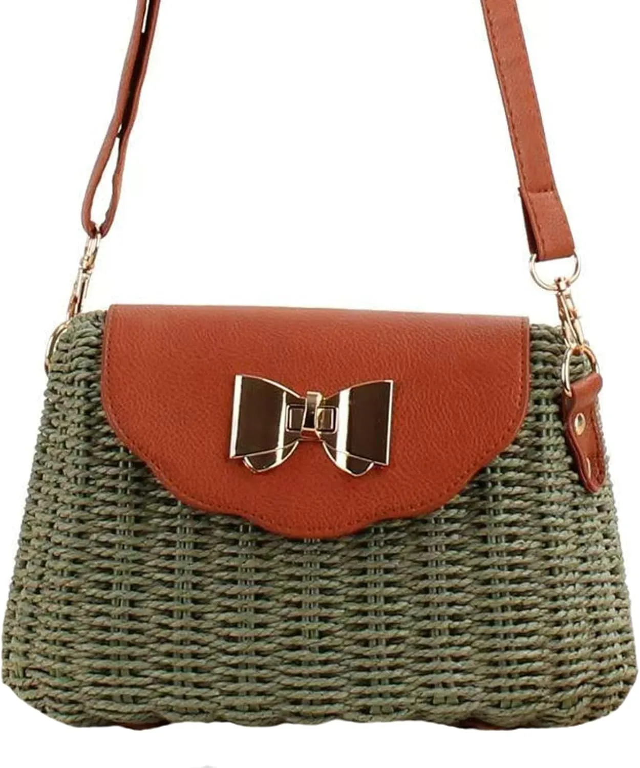 Summer Straw Purse PU Flap Bow Decoration Twist Lock Paper Rope Woven Bag Simple Beach Casual Shoulder Bag