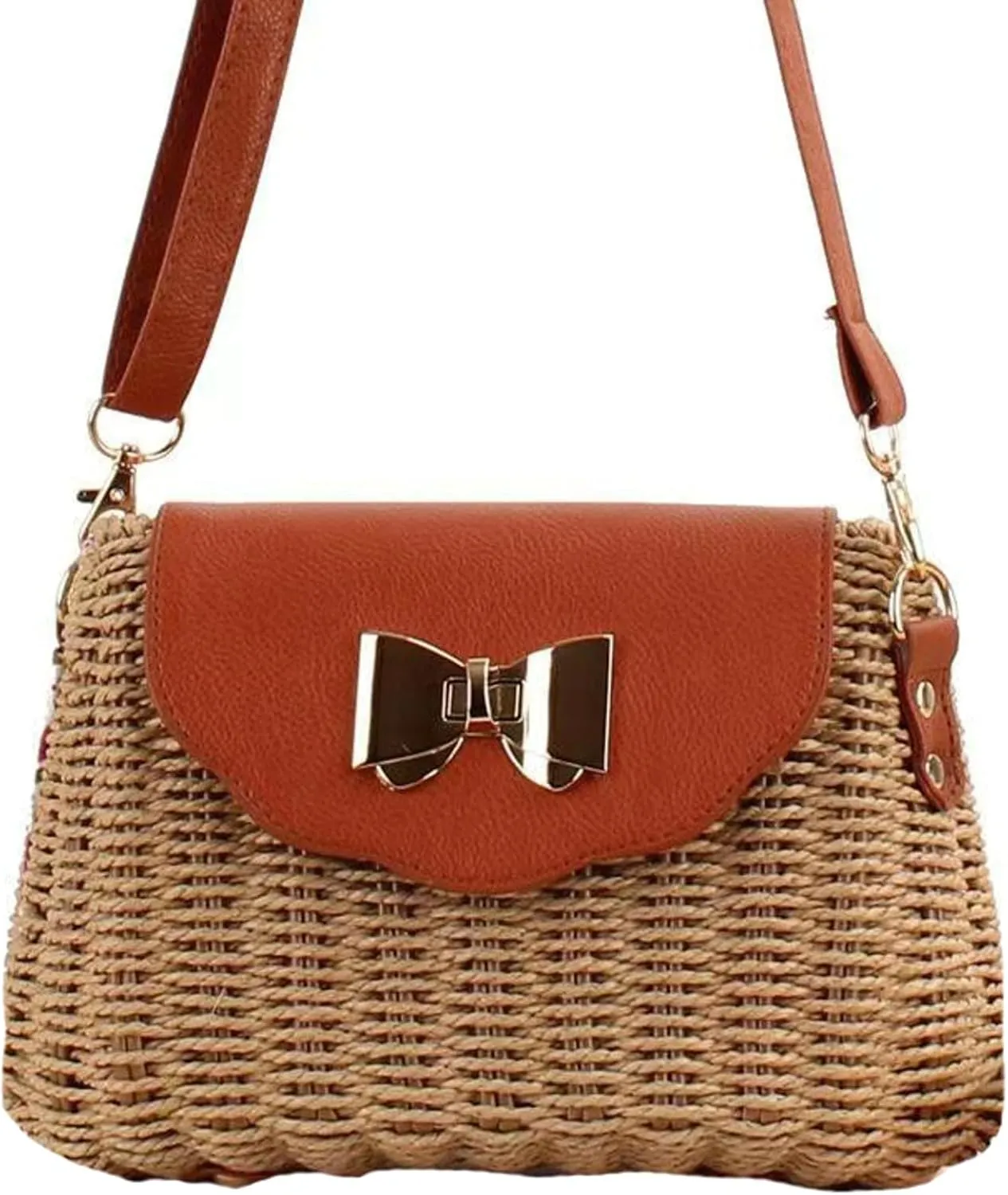 Summer Straw Purse PU Flap Bow Decoration Twist Lock Paper Rope Woven Bag Simple Beach Casual Shoulder Bag