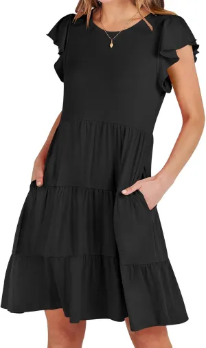 Sundresses for Women Ruffles Cap Sleeve Short Mini Dress Wedding Guest Cute Mini Tiered Babydoll Casual Summer Dress