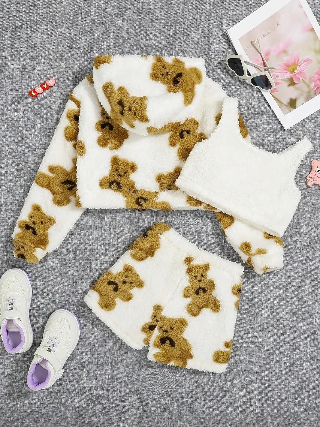 SweatyRocks Girl's 3 Piece Fuzzy Outfits Cartoon Print Zip Up Jacket and Tank Tops with Shorts Set