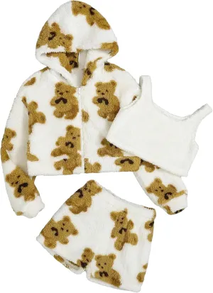 SweatyRocks Girl's 3 Piece Fuzzy Outfits Cartoon Print Zip Up Jacket and Tank Tops with Shorts Set