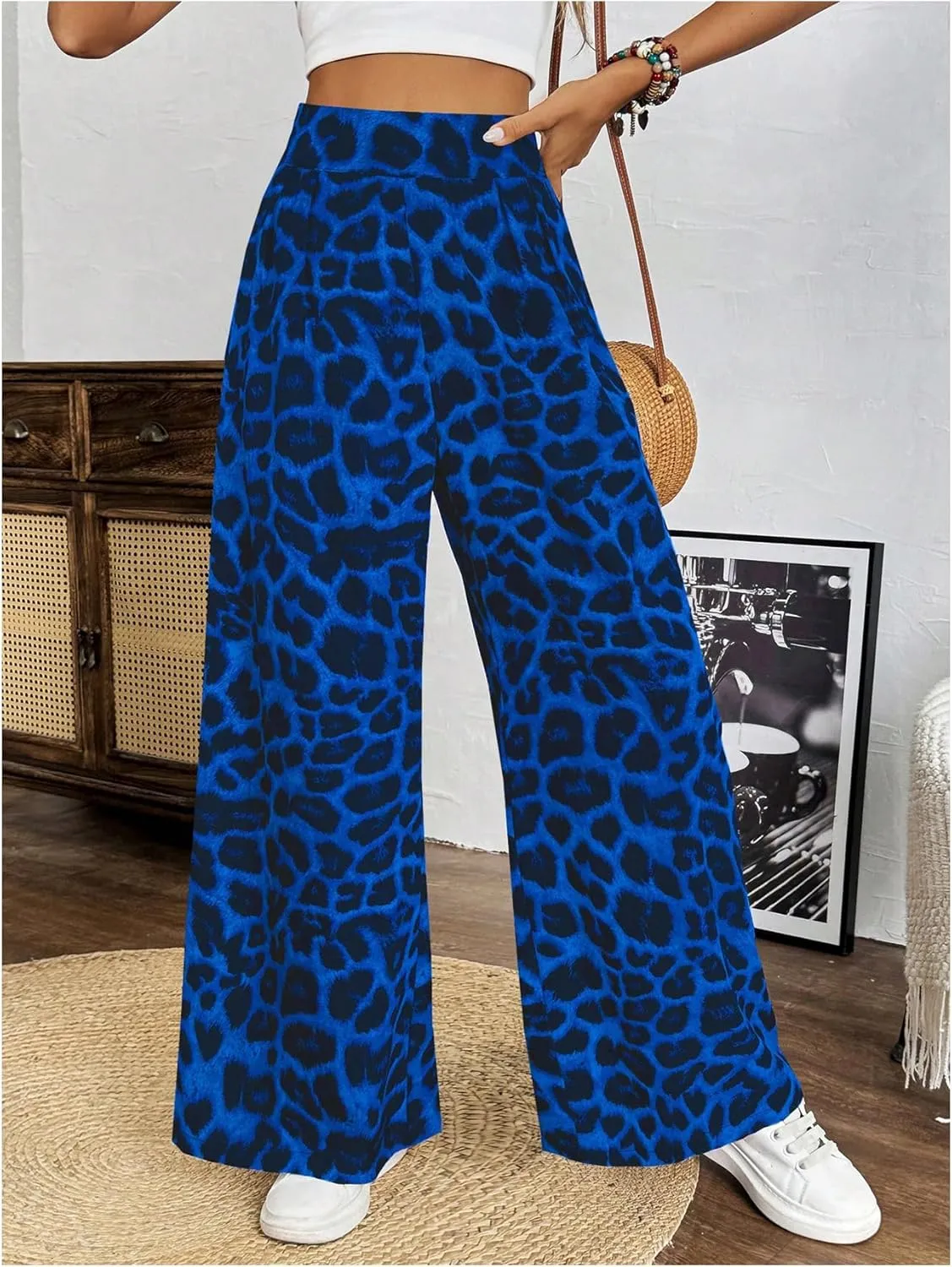 SweatyRocks Women's Leopard Print High Waisted Wide Leg Pants Casual Long Trousers