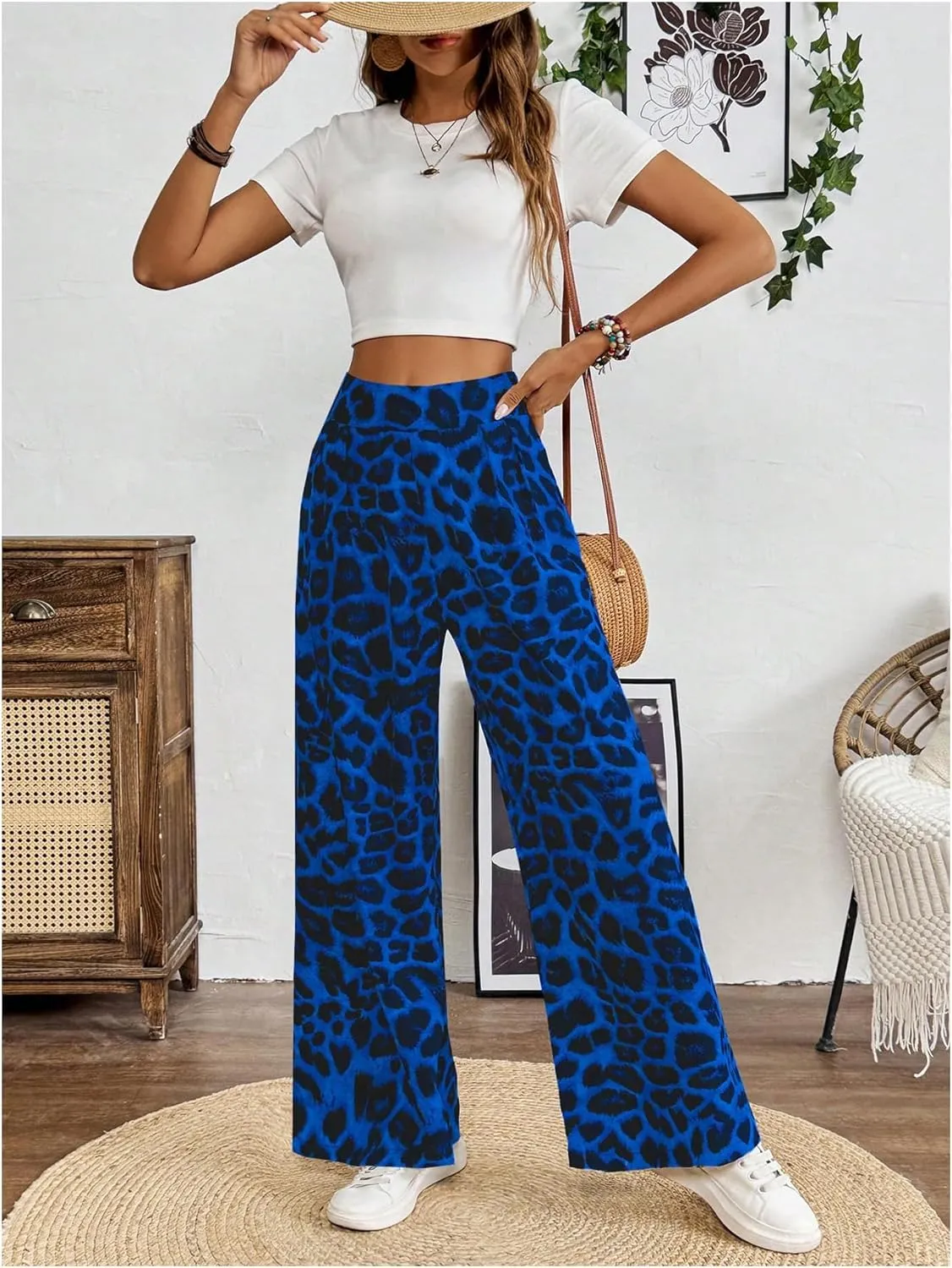 SweatyRocks Women's Leopard Print High Waisted Wide Leg Pants Casual Long Trousers