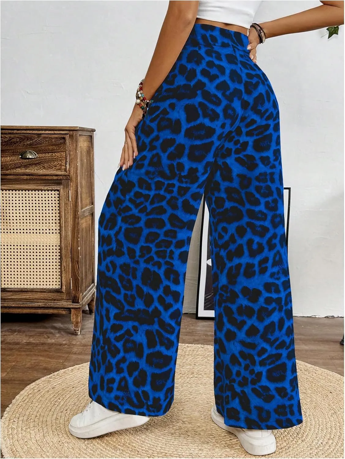 SweatyRocks Women's Leopard Print High Waisted Wide Leg Pants Casual Long Trousers