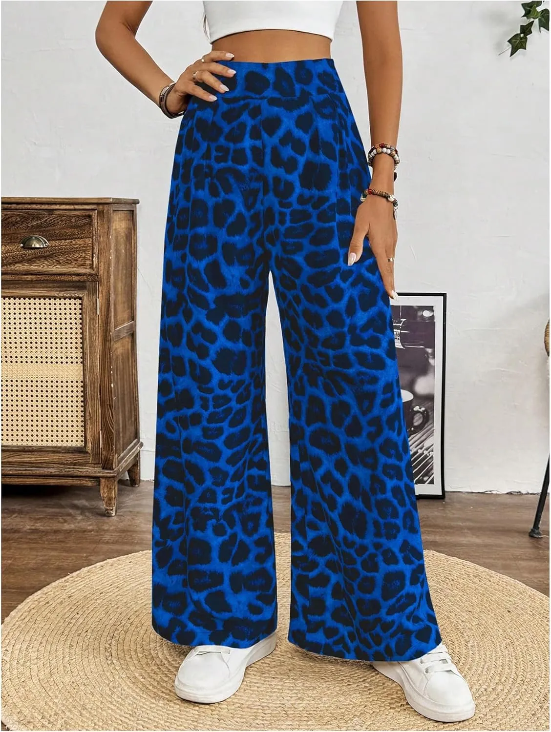 SweatyRocks Women's Leopard Print High Waisted Wide Leg Pants Casual Long Trousers