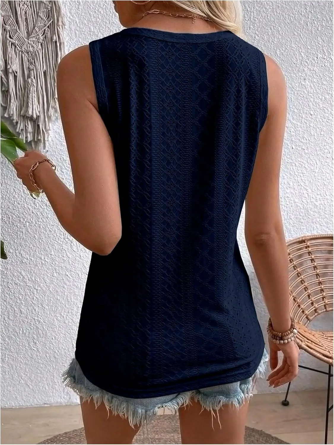 SweatyRocks Women's Solid Button Front Eyelet Tank V Neck Sleeveless Tops