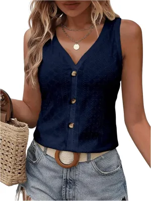 SweatyRocks Women's Solid Button Front Eyelet Tank V Neck Sleeveless Tops