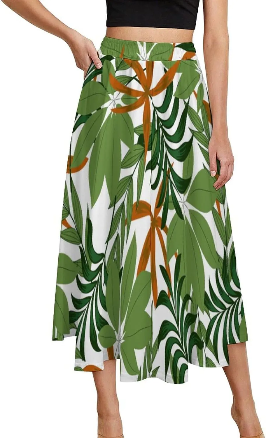 TAIZIYEAH Women's Midi Skirts High Waisted Pleated A-Line Skirts Tropical Plants Long Skirt