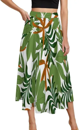 TAIZIYEAH Women's Midi Skirts High Waisted Pleated A-Line Skirts Tropical Plants Long Skirt